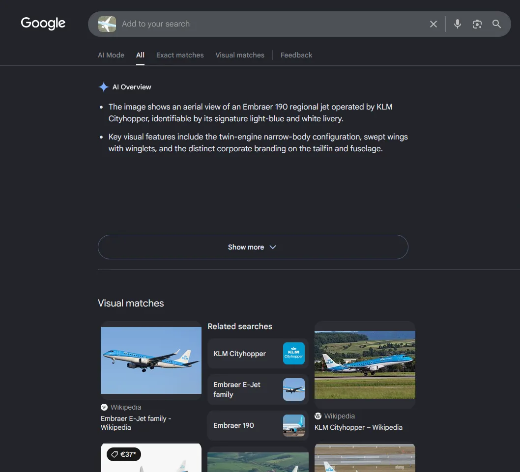 Google Lens results for the cropped aircraft, all pointing at KLM Cityhopper Embraer E-Jets