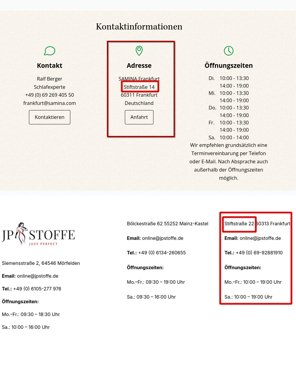 Left half: the SAMINA Frankfurt contact block with the address Stiftstraße 14, 60311 Frankfurt boxed. Right half: the JP Stoffe footer with Stiftstraße 22, 60313 Frankfurt boxed