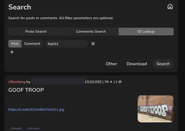 The Arctic Shift search interface in ID Lookup mode with "8qti01" entered, returning the r/Bombing post titled GOOF TROOP with the i.redd.it image link and a thumbnail of the Goof Troop graffiti; the poster's username is redacted