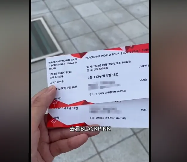 Two BLACKPINK BORN PINK finale concert tickets for Gocheok Sky Dome, showing level 2 section T12 row E seats 18 and 19, with the reservation numbers and booking timestamps blurred out