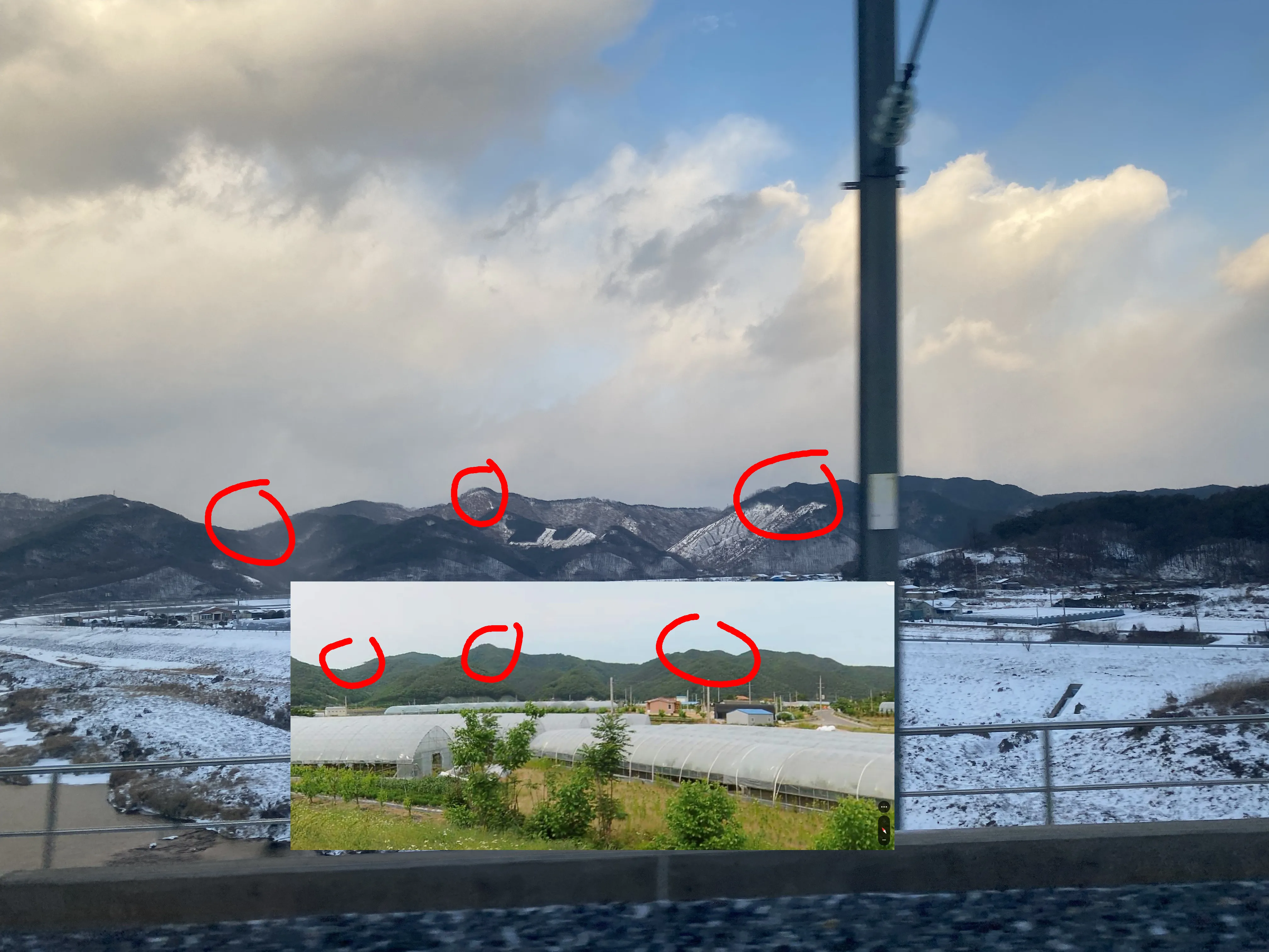 The snowy challenge photo with three ridge peaks circled in red, and an inset summer view of the same basin with the identical three peaks circled — greenhouses in both foregrounds