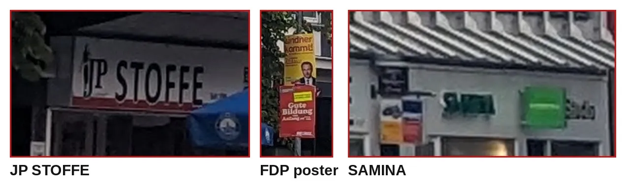 Three crops from the challenge photo: the shop sign JP STOFFE with a logo of a woman's silhouette, a yellow FDP poster with Christian Lindner above a red SPD poster reading Gute Bildung von Anfang an, and a grey shopfront with the green word SAMINA next to a green square logo