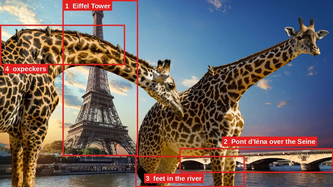The challenge image with four red boxes: 1 Eiffel Tower, 2 Pont d'Iéna over the Seine, 3 feet in the river, 4 oxpeckers on the left giraffe's neck