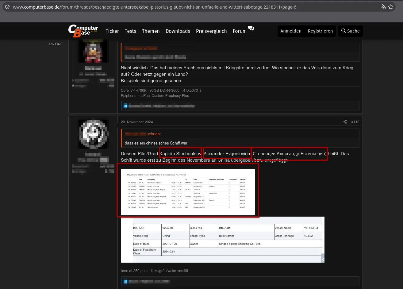 ComputerBase forum post #118 of 20 November 2024, usernames and avatars pixelated: "Dessen Pilot/Grad Kapitän Stechentsev Alexander Evgenievich (Стеченцев Александр Евгеньевич) heißt", with red boxes around the name variants and the embedded log screenshot; below, a register entry for YI PENG 3, IMO 9224984, flag China, bulk carrier, owner Ningbo Yipeng Shipping Co., Ltd.