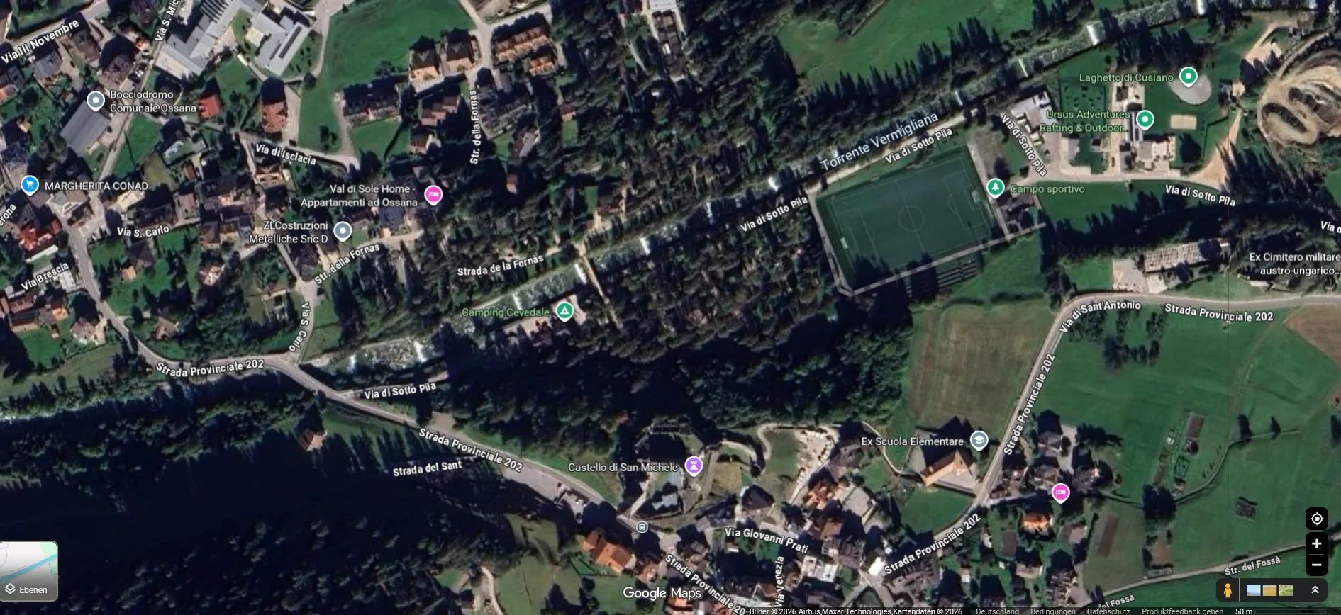 Google Maps satellite view of Ossana: Castello di San Michele, the campo sportivo, Camping Cevedale and the Torrente Vermigliana all within a few hundred metres of each other