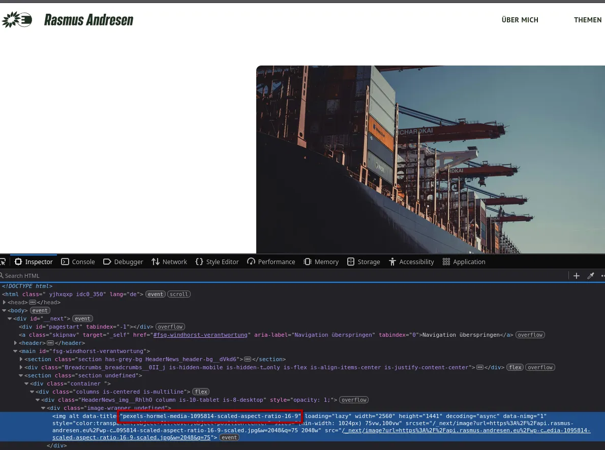 Firefox Inspector on rasmus-andresen.eu: the img element of the header picture, with data-title pexels-hormel-media-1095814-scaled-aspect-ratio-16-9 in a red box