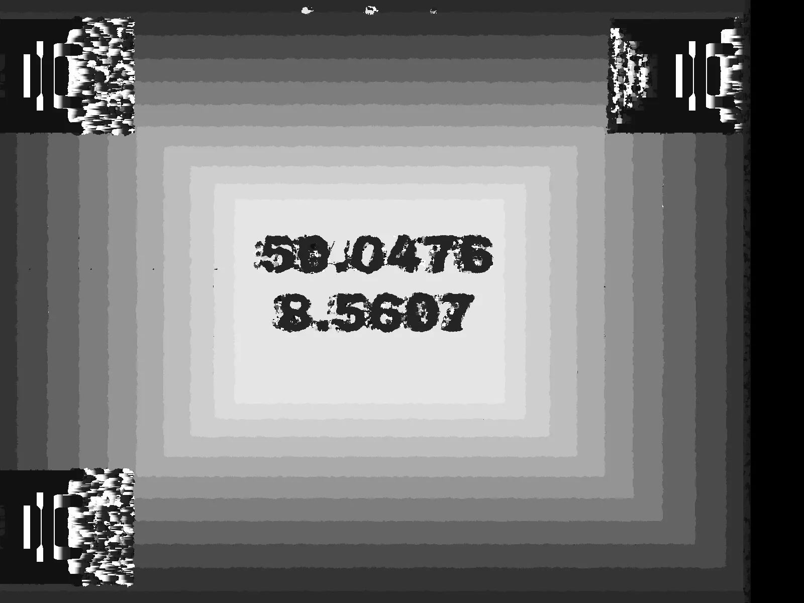 Histogram-equalized disparity map extracted from the stereogram: the numbers 50.0476 and 8.5607 in dark text over a stepped-pyramid background
