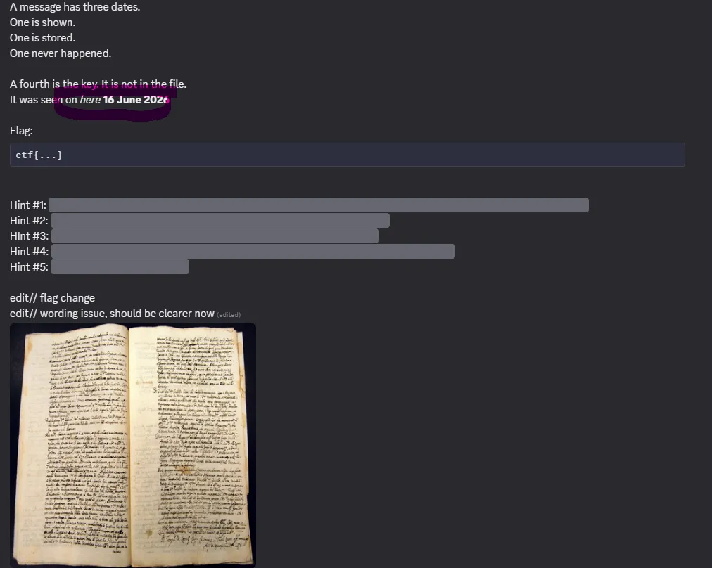 The challenge post in Discord: the six lines, an empty flag field, five hint fields, and two edit notes reading 'flag change' and 'wording issue, should be clearer now', with the attached 2048-pixel scan of a handwritten manuscript below