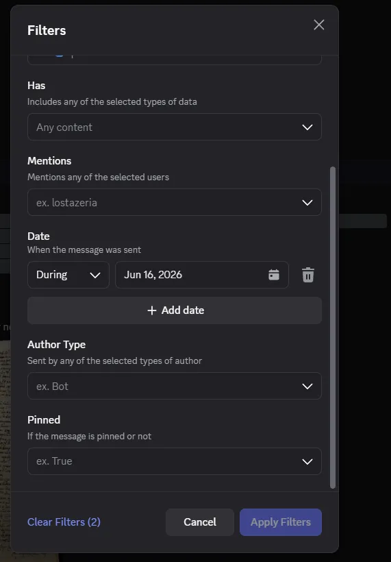 Discord's search filter panel with Date set to During, Jun 16, 2026