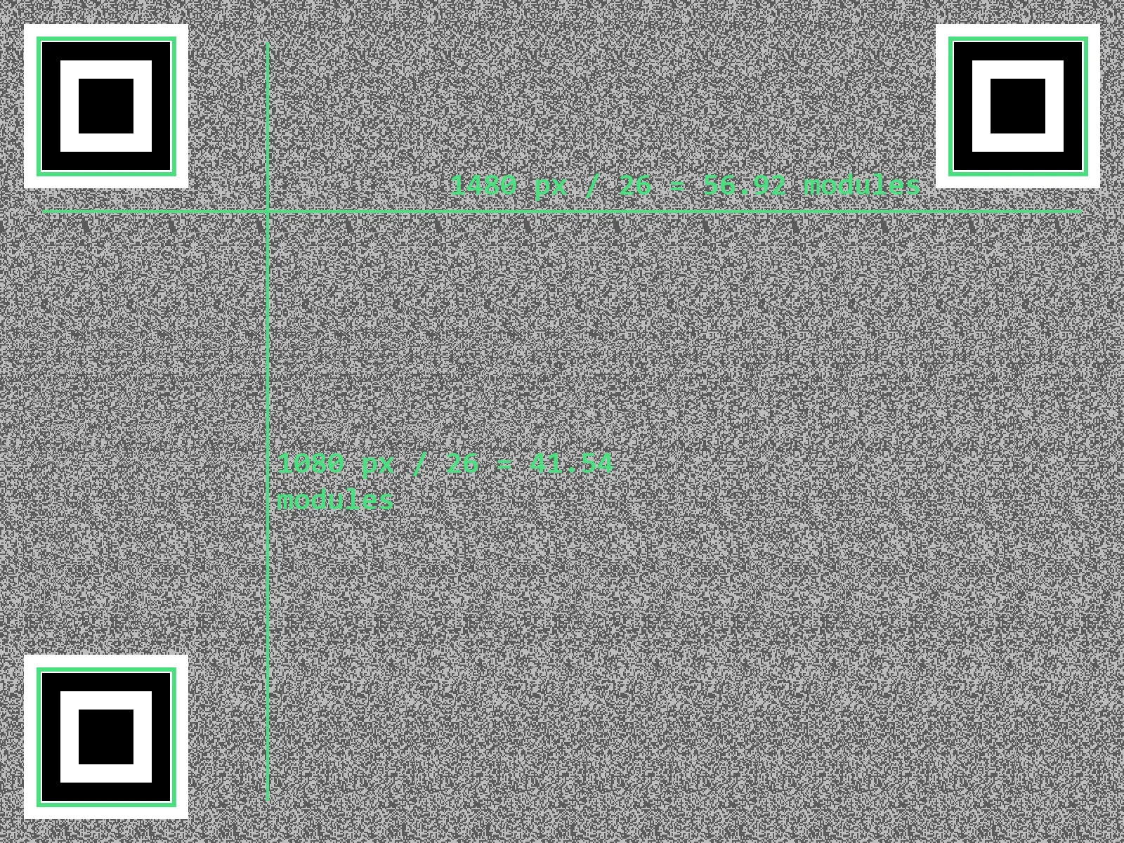 The challenge image with contrast boosted: three QR finder patterns boxed in green on a field of noise, annotated with the measured spans of 56.92 by 41.54 modules