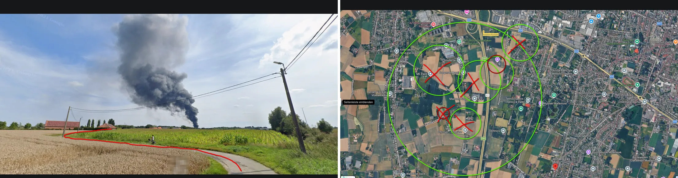 Left: the challenge image with the curve of the farm road traced in red. Right: satellite view of the fields west of Izegem, green circles around candidate field pairs, most crossed out in red, one small red circle left near the E403 motorway