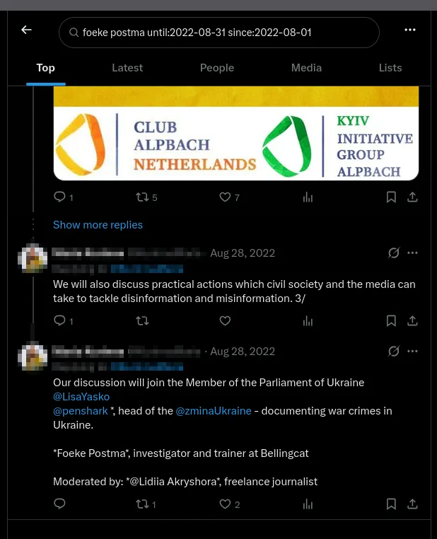 Two replies in the same X thread, Aug 28, 2022, author blurred: "We will also discuss practical actions which civil society and the media can take to tackle disinformation and misinformation. 3/" and "Our discussion will join the Member of the Parliament of Ukraine @LisaYasko, @penshark, head of the @zminaUkraine – documenting war crimes in Ukraine. Foeke Postma, investigator and trainer at Bellingcat. Moderated by a freelance journalist"