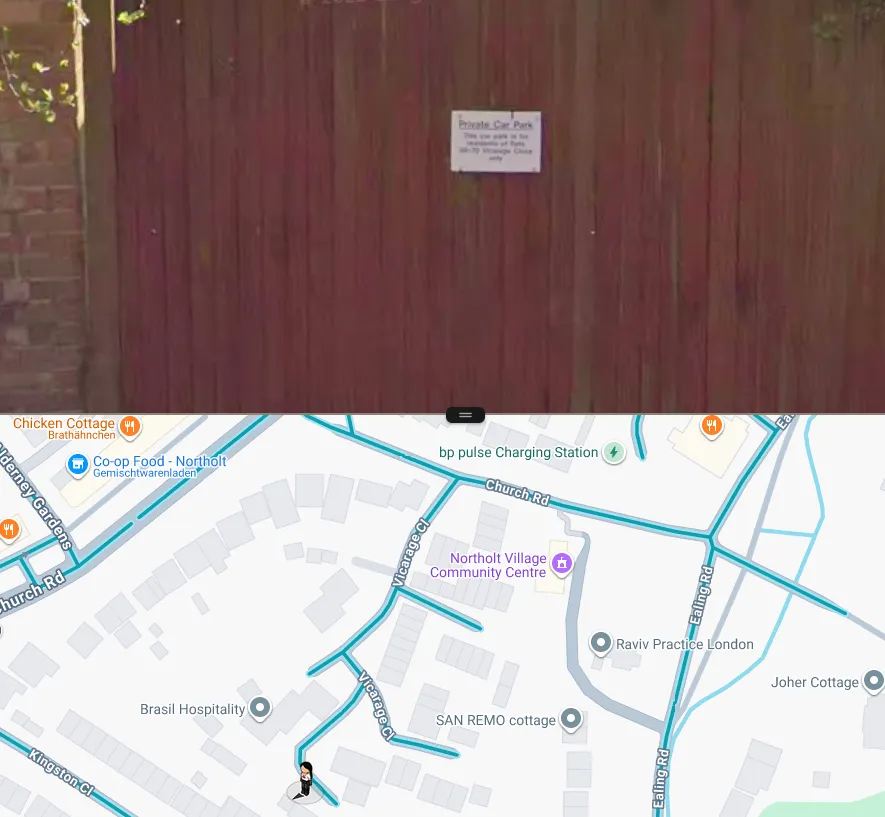 The sign on the fence at the furthest point: "Private Car Park — this car park is for residents of flats 56–70 Vicarage Close only"