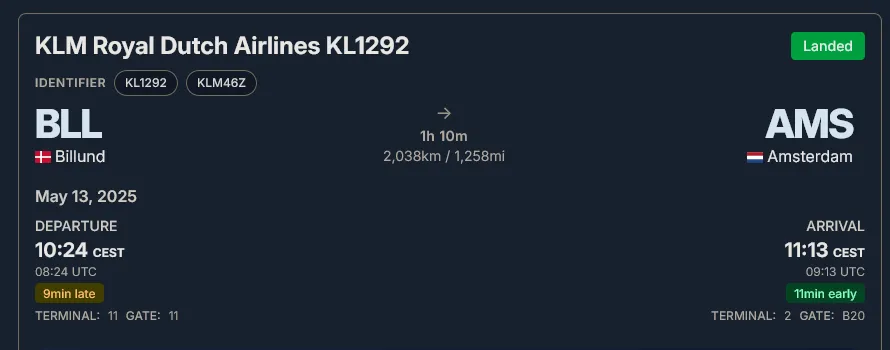 Flightera record for KL1292 on 13 May 2025: departure 10:24 CEST / 08:24 UTC, nine minutes late, arrival gate B20