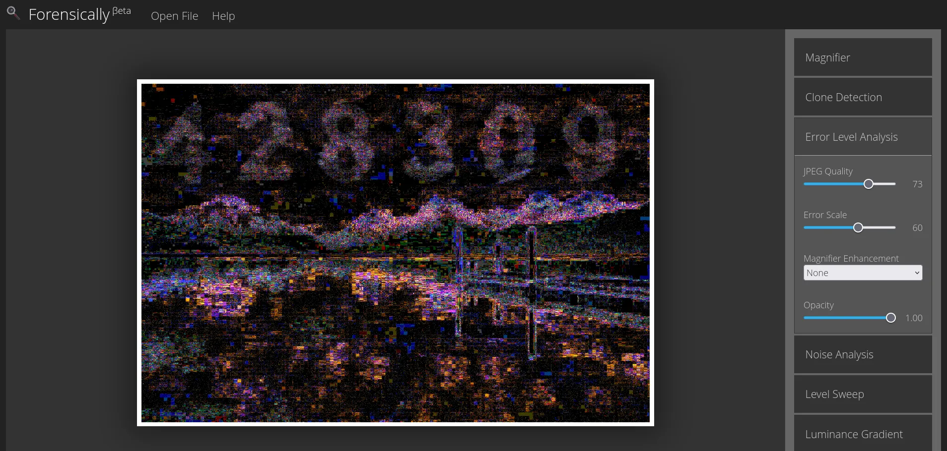 Forensically's ELA view of the lake image with JPEG Quality 73 and Error Scale 60: the picture is dark and noisy, the mountain ridges and dock outlined, and across the upper sky six large bright digits read 4 2 8 3 0 9
