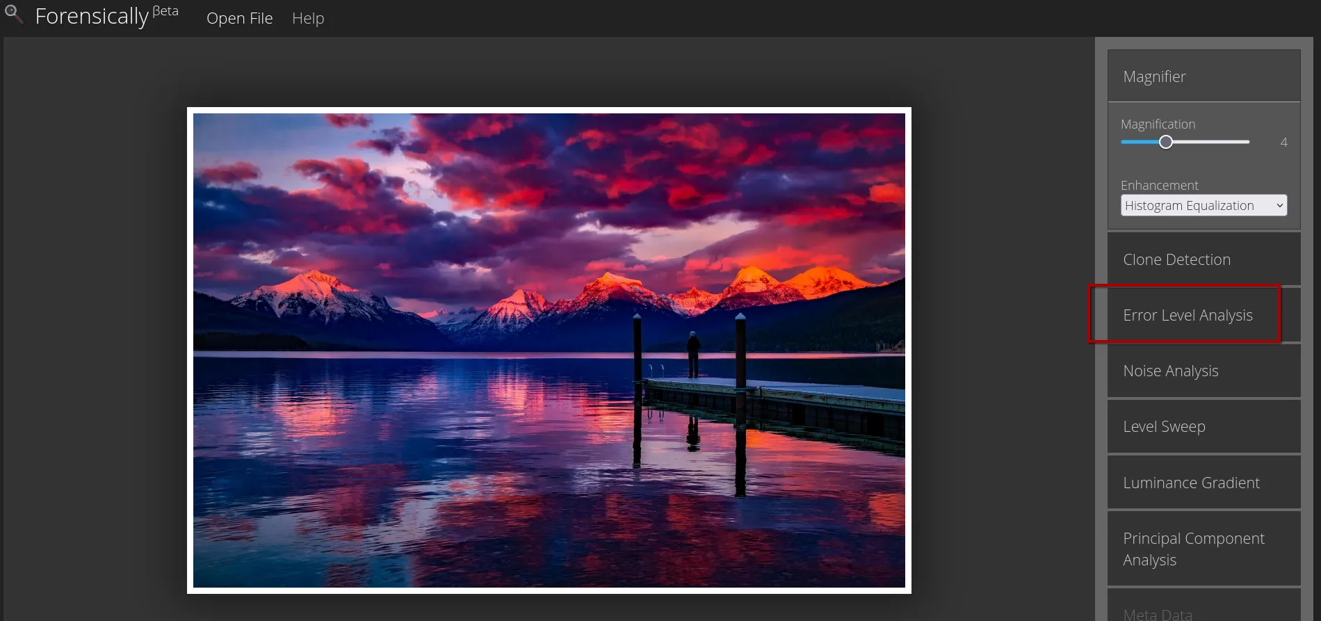 Forensically with the lake image loaded, the tool panel on the right listing Magnifier, Clone Detection, Error Level Analysis (boxed in red), Noise Analysis, Level Sweep, Luminance Gradient and Principal Component Analysis