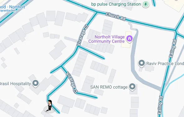 The last Street View position on Vicarage Close — the pegman sits at the bottom of the cul-de-sac, as deep as the coverage goes