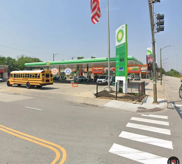 Google Street View at W 43rd St and Wentworth, July 2025: the bp canopy and price sign, with boxes around the China Express, Subway and Nicky's Gyros signs in the strip mall behind it and a small box on the forecourt floor