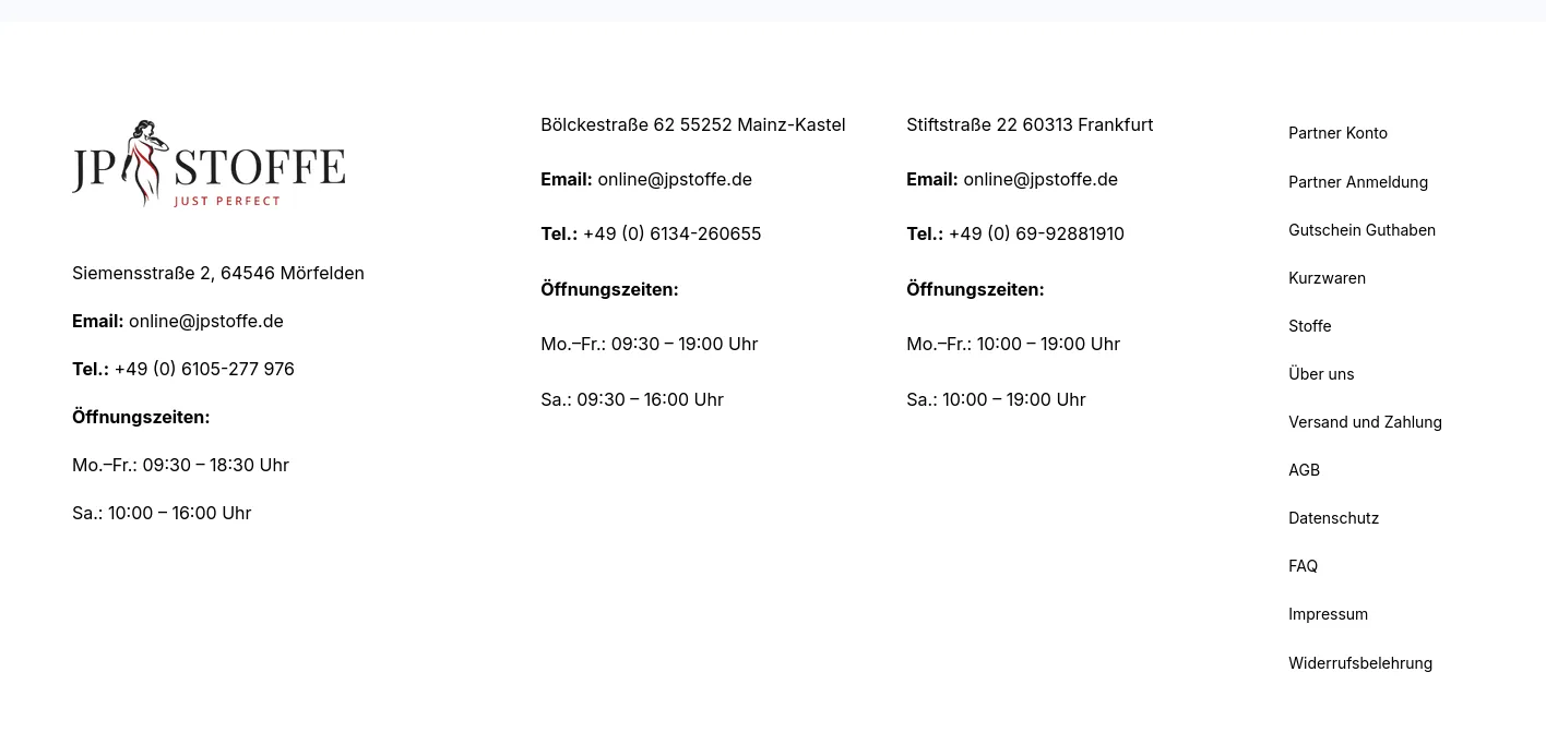 The JP Stoffe website footer with three addresses: Siemensstraße 2, 64546 Mörfelden; Bölckestraße 62, 55252 Mainz-Kastel; Stiftstraße 22, 60313 Frankfurt