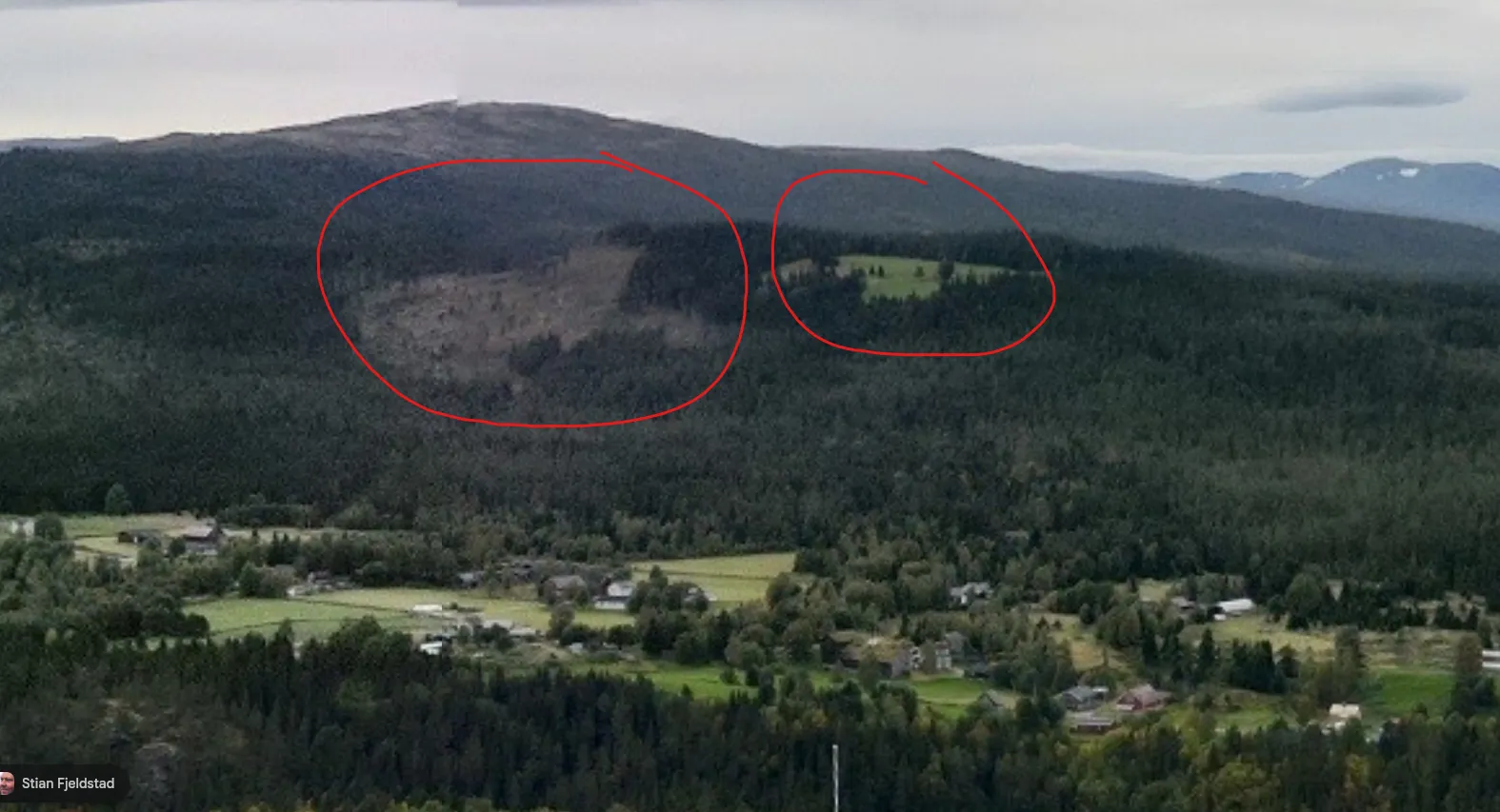 Photo taken near Innset church with red circles marking the same clear-cut patch and ridge-top clearing seen in the challenge photo