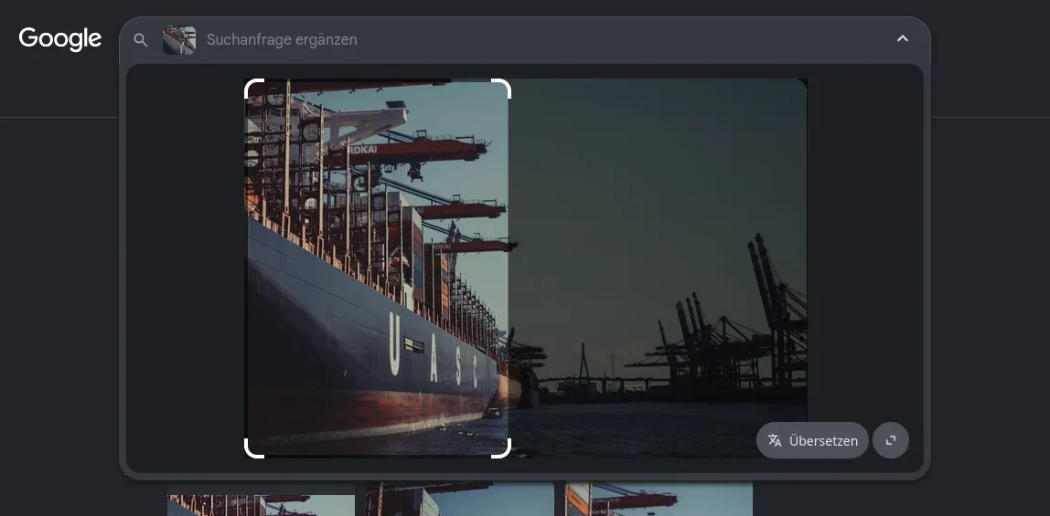 Google Lens with the challenge photo loaded and the selection box around the ship and the cranes