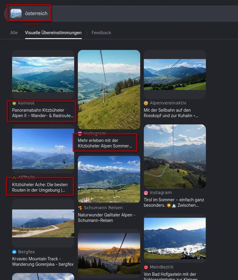 Google Lens visual matches for the valley crop with the search term österreich: boxes around three results titled Panoramabahn Kitzbüheler Alpen, Mehr erleben mit der Kitzbüheler Alpen Sommer… and Kitzbüheler Ache, among other Alpine cable-car views
