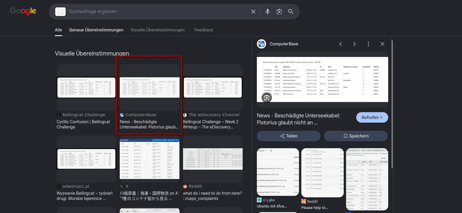 Google Lens results for the log screenshot: visual matches from Bellingcat Challenge, The eDiscovery Channel, adwersarz.pl and X; a red box marks the ComputerBase result News - Beschädigte Unterseekabel: Pistorius glaubt nicht an…, previewed on the right with the same table