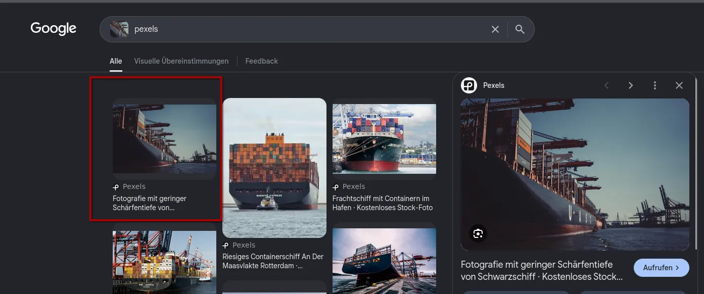 Google Lens with the challenge image and the added search term pexels: the first result, Pexels, Fotografie mit geringer Schärfentiefe von Schwarzschiff, in a red box