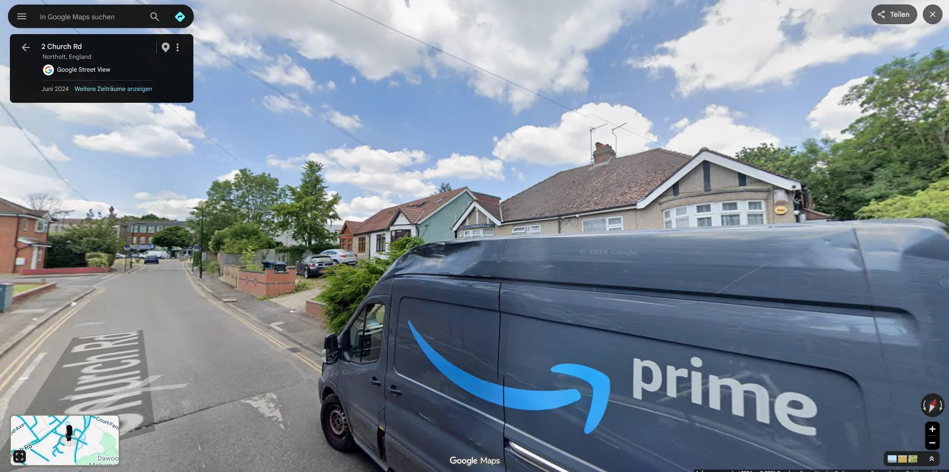 The Street View preview attached to the POI — the same Prime van from the challenge image, parked at 2 Church Rd, Northolt, captured June 2024