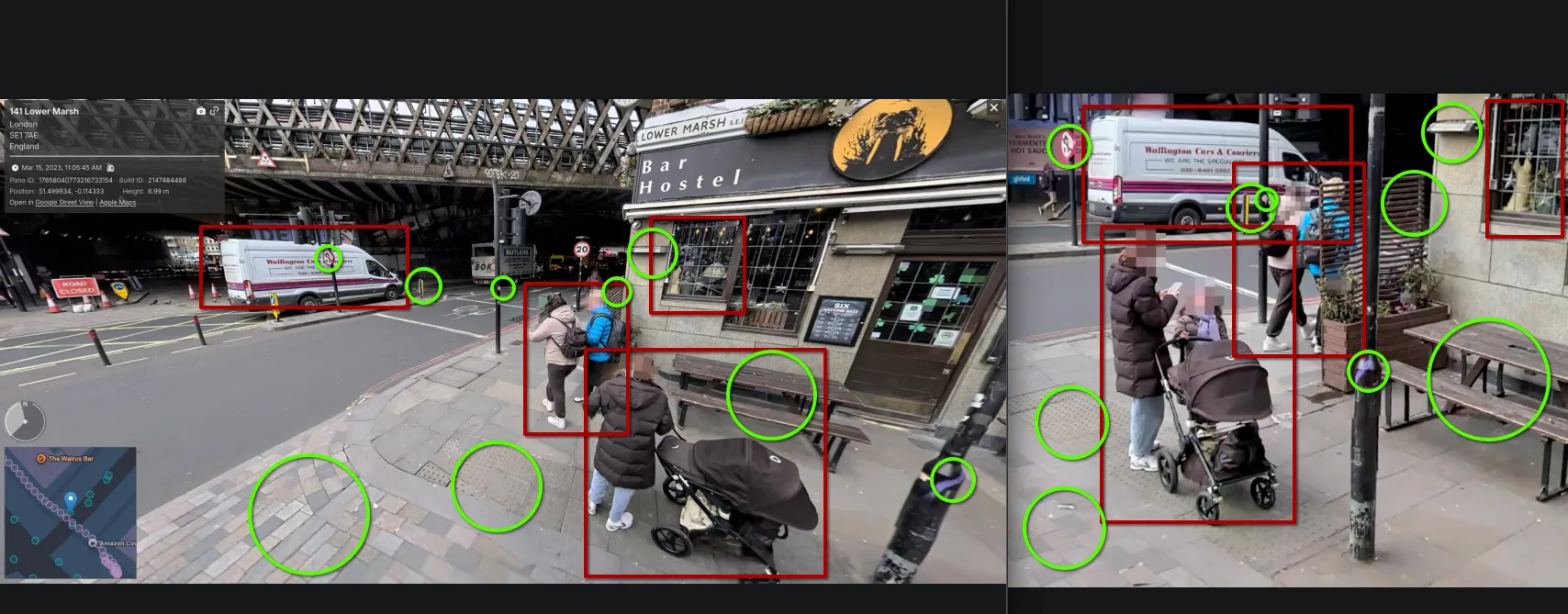 Side-by-side: the Apple Look Around panorama at 141 Lower Marsh, captured 15 March 2023, on the left and the challenge photo on the right. Red boxes mark the same Wallington Cars & Couriers van, the same people with the pram, the same window; green circles mark the same no-entry sign, bollards, lamp, planter, benches, tactile paving and paving joints