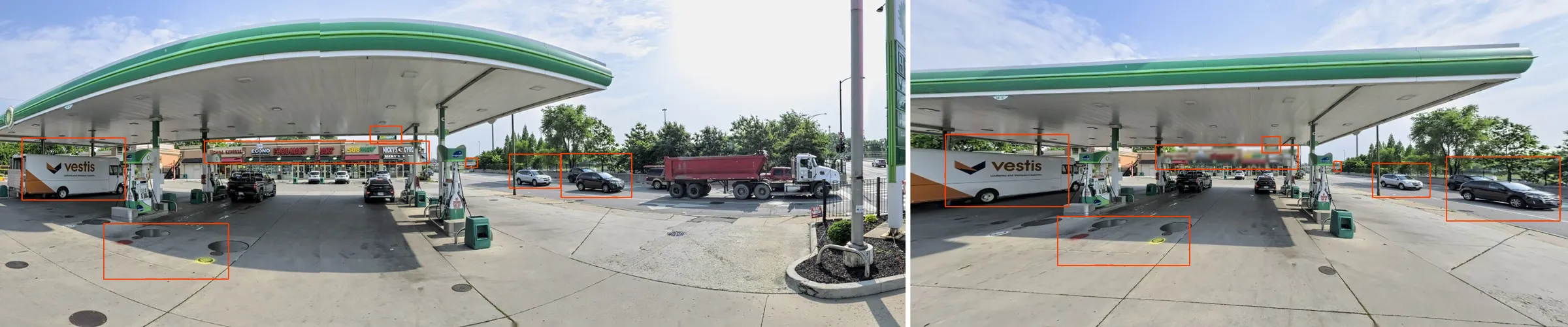 Left: the Apple Look Around panorama with nothing blurred; right: the challenge photo. Matching boxes on both sides mark the Vestis van, the strip mall, a small sign above it, the two SUVs on the road and the red and yellow paint marks on the forecourt floor