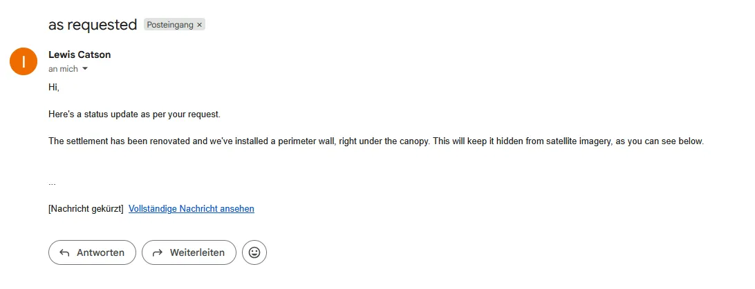 Gmail inbox view of the reply from Lewis Catson: greeting, one paragraph about the settlement and a perimeter wall, then an ellipsis and the notice "[Nachricht gekürzt] Vollständige Nachricht ansehen"