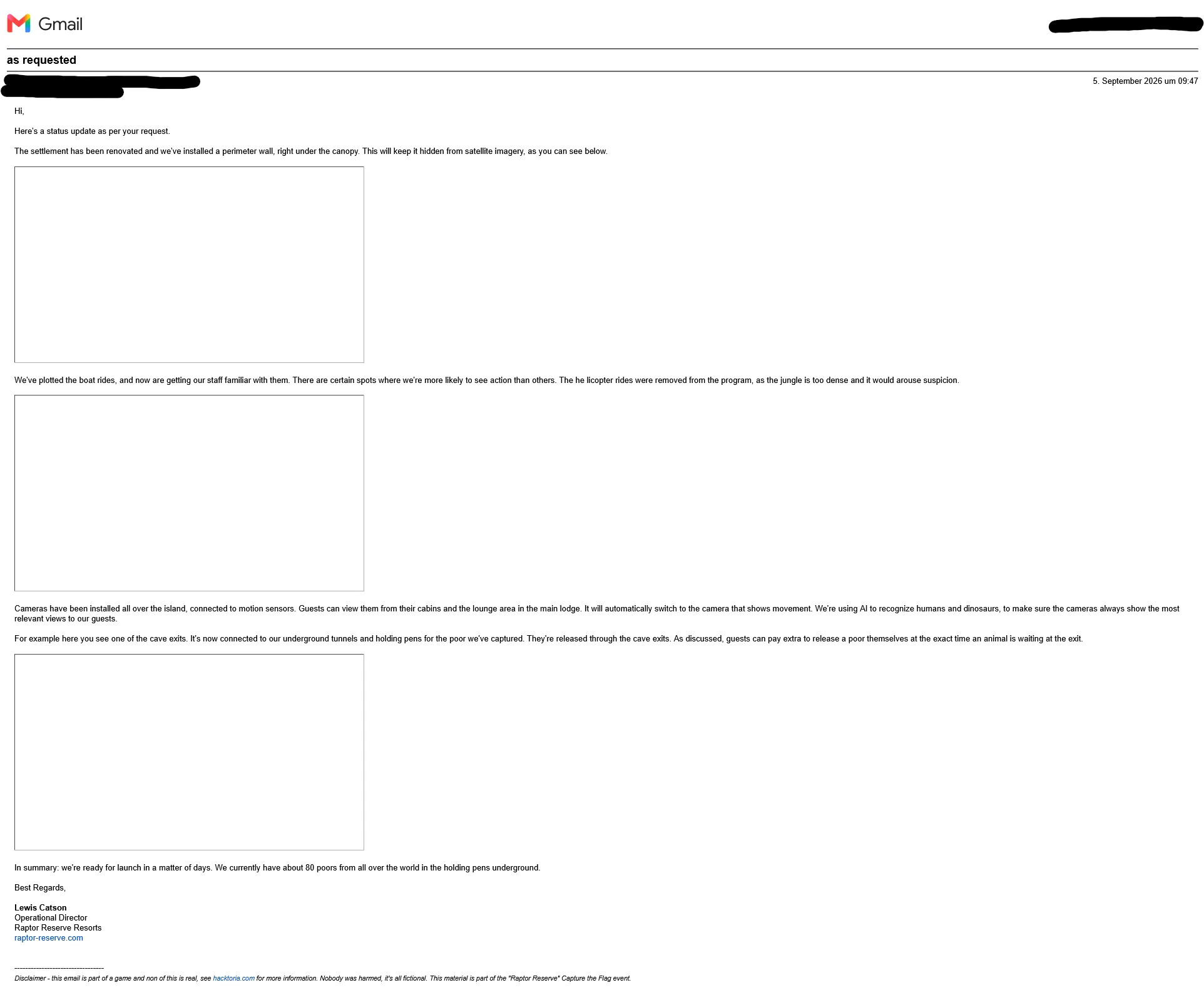 The full message: three paragraphs of operational detail about the settlement, the plotted boat rides and the cave exits, each followed by a large empty bordered rectangle where an image should be, ending with the signature of Lewis Catson, Operational Director, Raptor Reserve Resorts