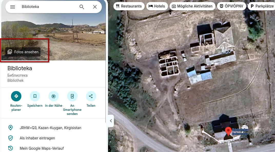 The Google Maps place card for Biblioteka, plus code JRHW+Q3 Kazan-Kuygan, with a red box around Fotos ansehen on the Street View thumbnail