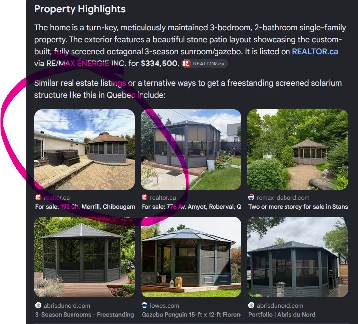 The visual-match strip: the top-left result is the REALTOR.ca listing for 192 Ch. Merrill, Chibougamau — the rest of the row is catalogue gazebos from abrisdunord.com and Lowe's, which is exactly why the listing hit still needs verification.
