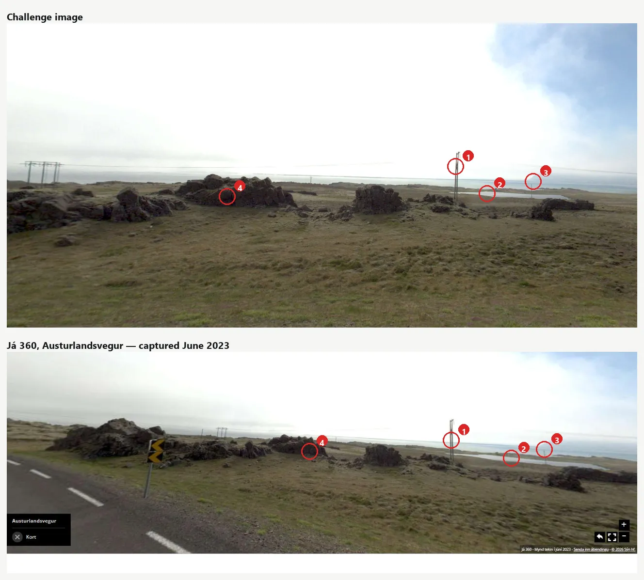 Two panoramas stacked, the challenge image above and the Já 360 capture below, four numbered red circles marking the same features in both: the two-legged wooden pole, the lagoon behind it, the low headland on the horizon and the row of basalt outcrops