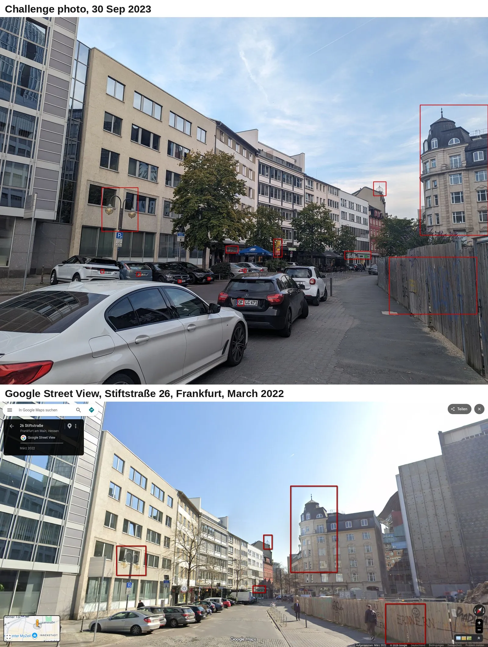 Top: the challenge photo with red boxes around the double-headed street lamp, the JP Stoffe sign, the election posters, the SAMINA shopfront, the small ornamental tower on a roof in the distance, the domed corner building and the wooden hoarding. Bottom: Google Street View at Stiftstraße 26, Frankfurt, March 2022, with the same lamp, roof tower, shopfront, domed building and hoarding boxed