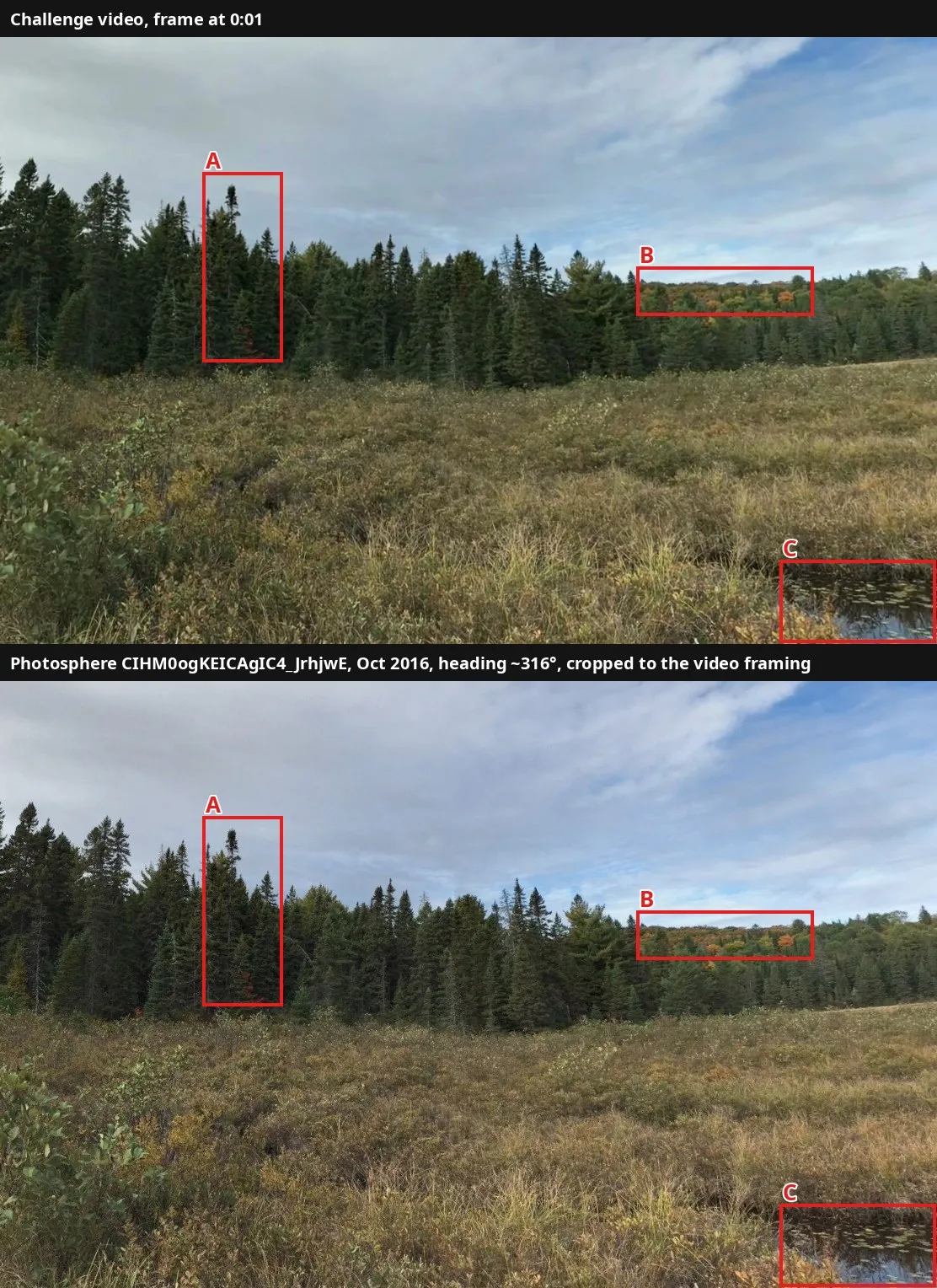 Two images stacked. Above: the challenge frame. Below: the October 2016 photosphere on the Spruce Bog Boardwalk, heading about 316 degrees, cropped and warped to the video's framing. Red boxes at identical positions in both mark the same three features: A, a tall spruce spire above a small red maple; B, the orange hardwood ridge on the right horizon; C, the strip of open water with lily pads in the bottom-right corner