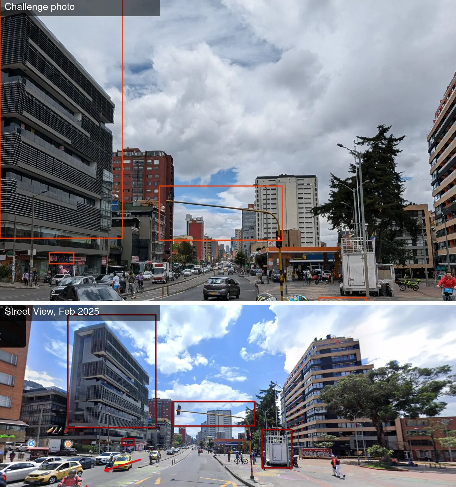 Side by side: above, the challenge photo cropped to the street, with red boxes around the office block with louvres, the Movet sign, the traffic light arm with the white tower behind it, and the plaza; below, Street View from February 2025 at the same corner with red boxes around the same office block, the same Movet sign, the same traffic light arm and tower, and the same white trailer on the plaza