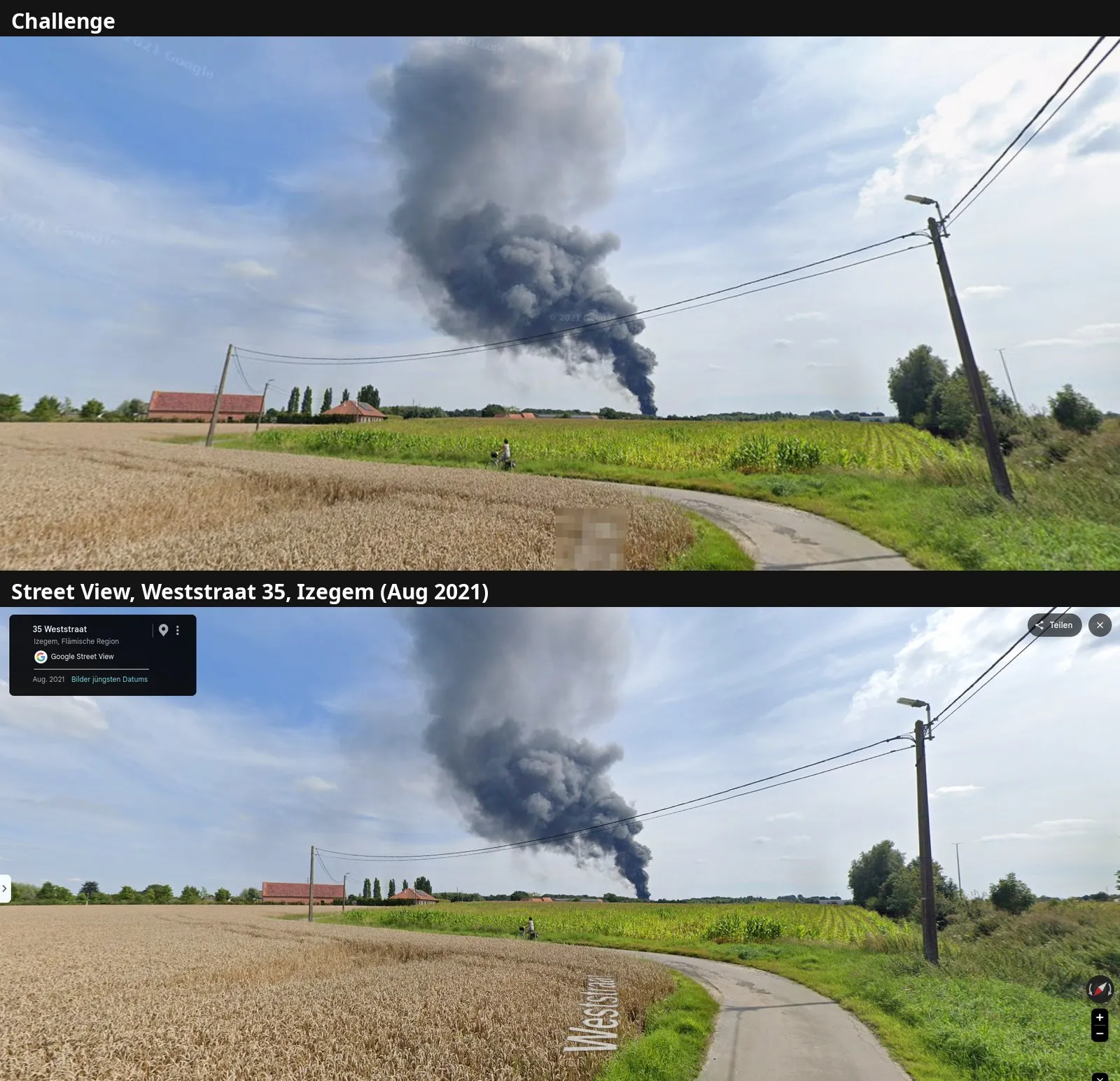 Two panoramas stacked: above, the challenge image; below, Street View at 35 Weststraat, Izegem, August 2021, showing the same wheat field, the same maize field, the same curving road and cyclist, the same leaning concrete pole with lamp, and the same black smoke plume