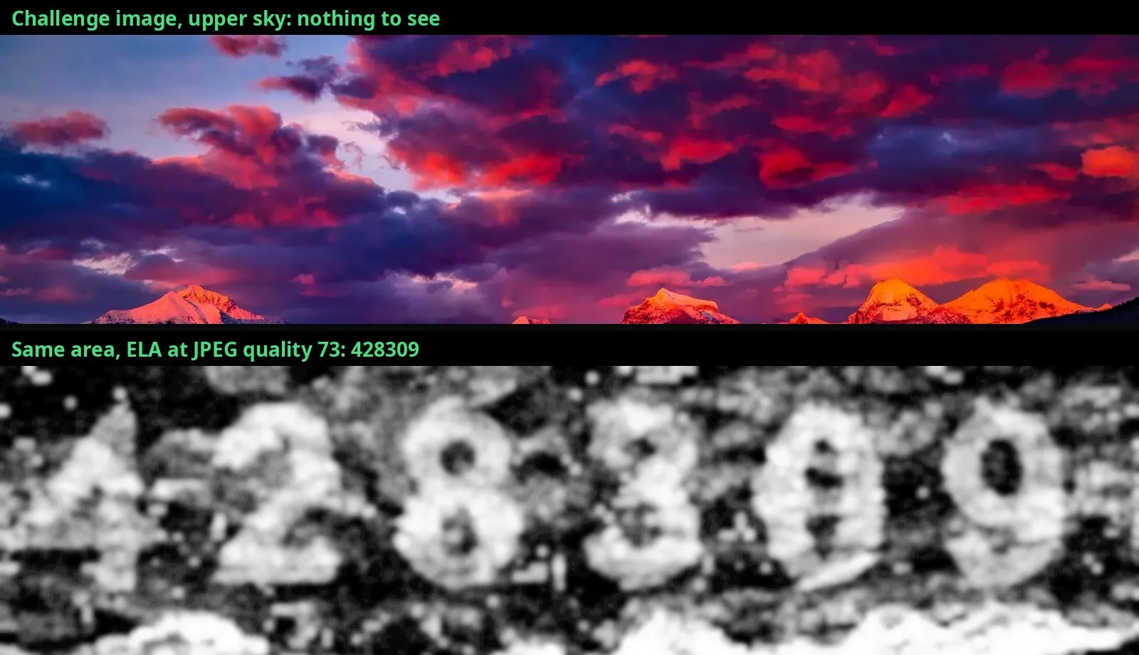 Top: the upper sky of the challenge image, red and violet clouds above the mountain peaks, with nothing visible. Bottom: the same area in ELA at JPEG quality 73, with the six digits 4 2 8 3 0 9 spanning the width