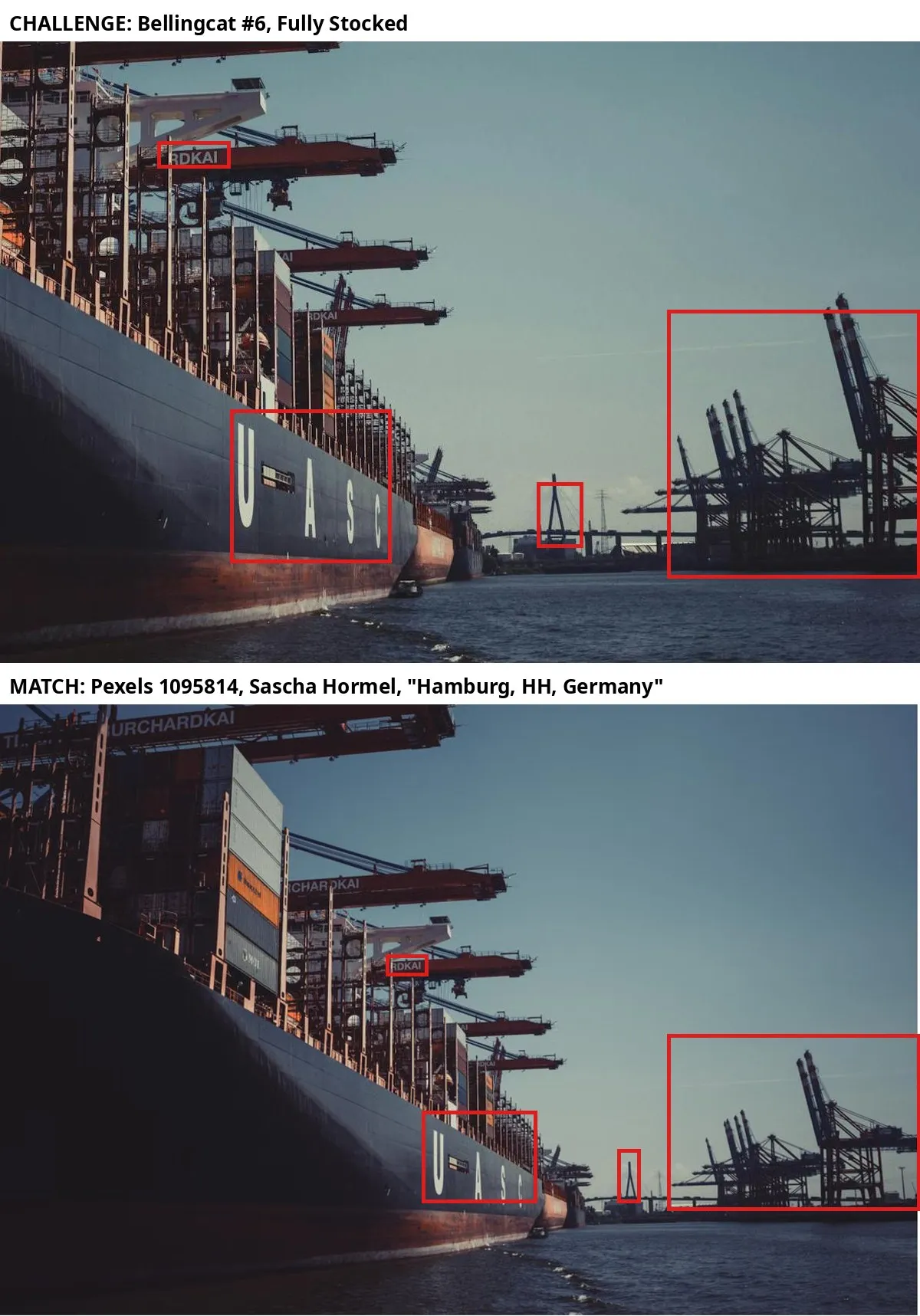 Above: the challenge photo with red boxes around the UASC lettering, a crane label ending in RDKAI, the bridge pylon and the row of cranes on the right. Below: the Pexels original, wider and less cropped, with red boxes around the same UASC lettering, the same RDKAI label on the boom below the white gantry, the same pylon and the same crane row; above them a higher boom, cut off in the challenge, reads URCHARDKAI