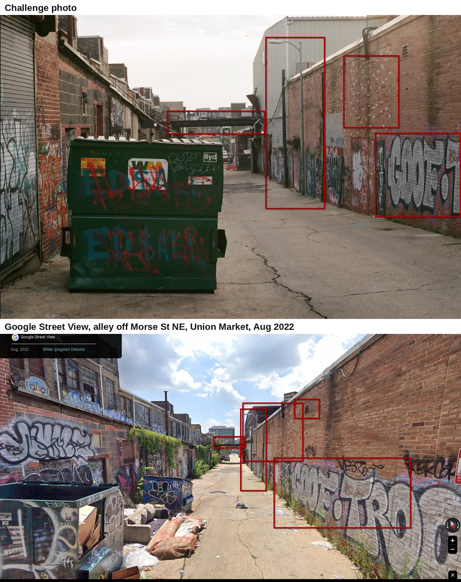 Before/after: top, the challenge photo; bottom, Google Street View in the alley between 4th and 5th Streets NE off Morse Street NE, Union Market, with the steel overhead bridge, the brick and metal walls and the skyline lining up