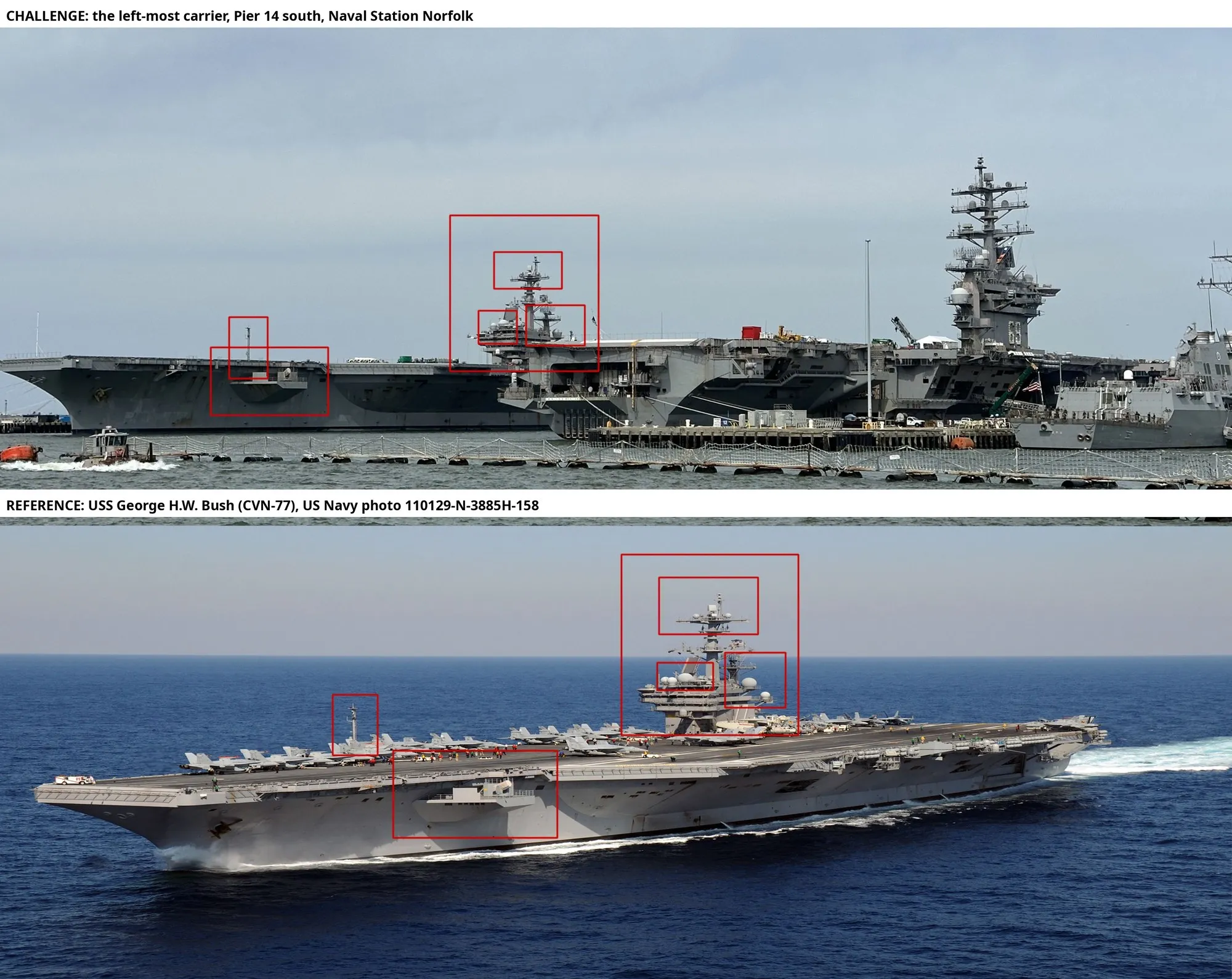 Above: the challenge photo cropped to the carriers, with red boxes around the left carrier's island and mast, its two radar platforms, its aft pole mast and the sponson on its hull side. Below: USS George H.W. Bush underway in the Atlantic, with red boxes around the same island and mast, the same radar platforms, the same aft pole mast and the same sponson