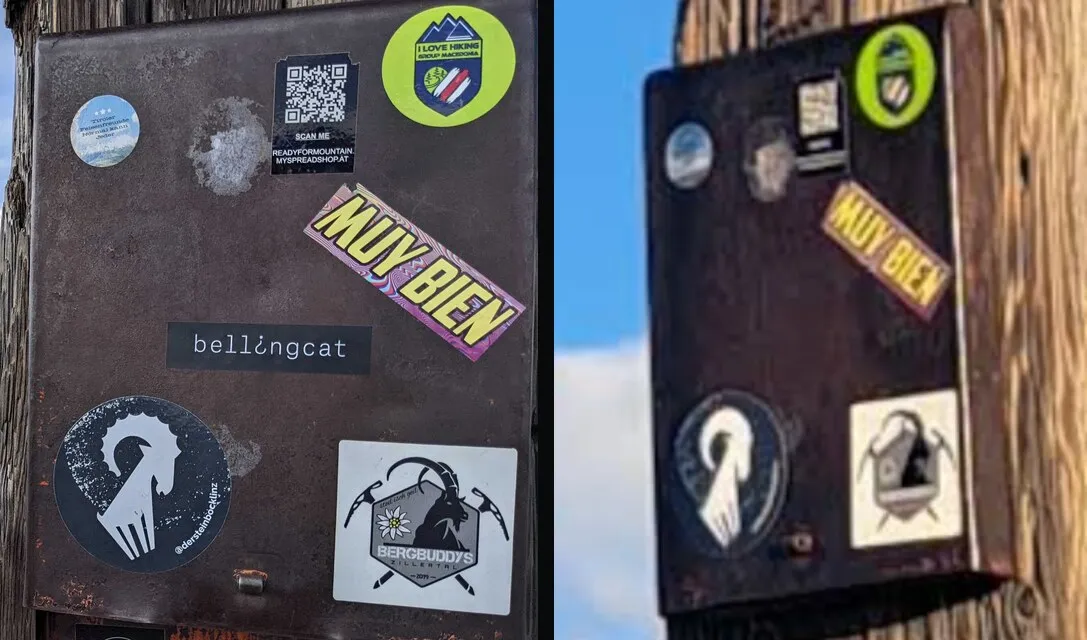 Side by side. Left, the sticker box from the challenge photo: a small round sticker top left, a pale torn-off patch, the QR code, the green I LOVE HIKING circle, the diagonal MUY BIEN strip, the bellingcat strip, the ibex circle bottom left and the Bergbuddys square bottom right. Right, the same box on the Wiedersberger Horn cross from the September 2022 Google Maps photo, with the same stickers in the same positions
