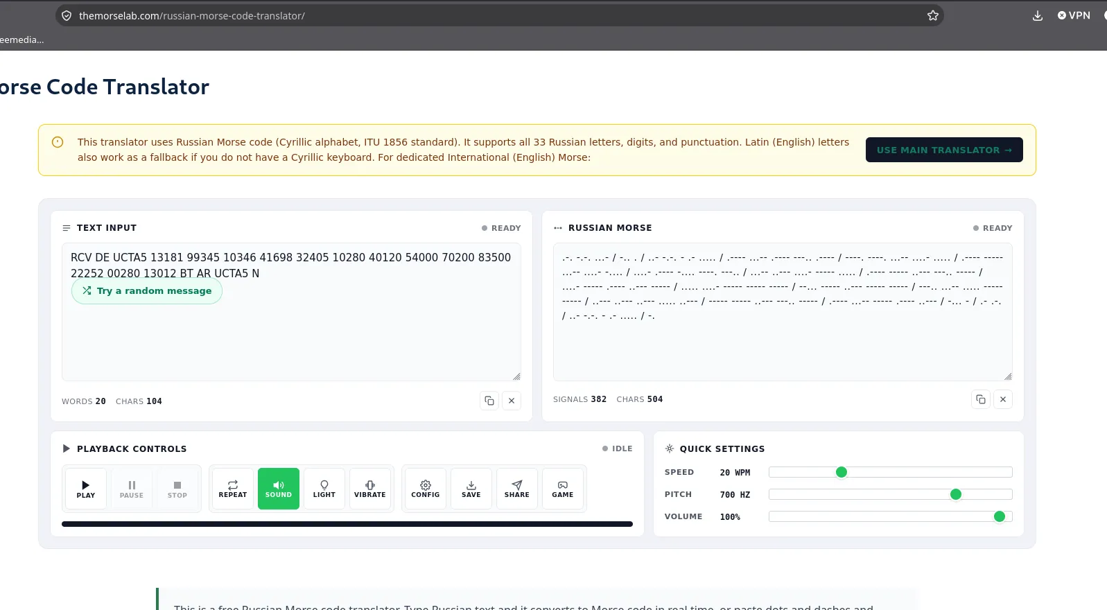 themorselab.com Russian Morse code translator: in the text field RCV DE UCTA5 13181 99345 10346 41698 32405 10280 40120 54000 70200 83500 22252 00280 13012 BT AR UCTA5 N, on the right the matching Morse