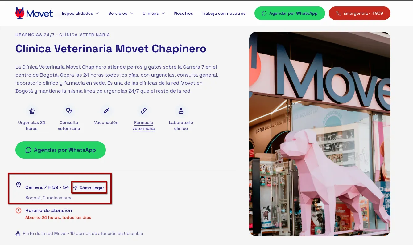 The Movet Chapinero page: Clínica Veterinaria Movet Chapinero, address Carrera 7 # 59-54 in a red box, and on the right a photo of the storefront with the Movet sign and the pink low-poly dog statue behind the glass