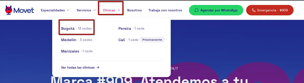 The Movet site's clinic menu: Bogotá, 13 sedes, in a red box, above Medellín, Manizales, Pereira and Cali