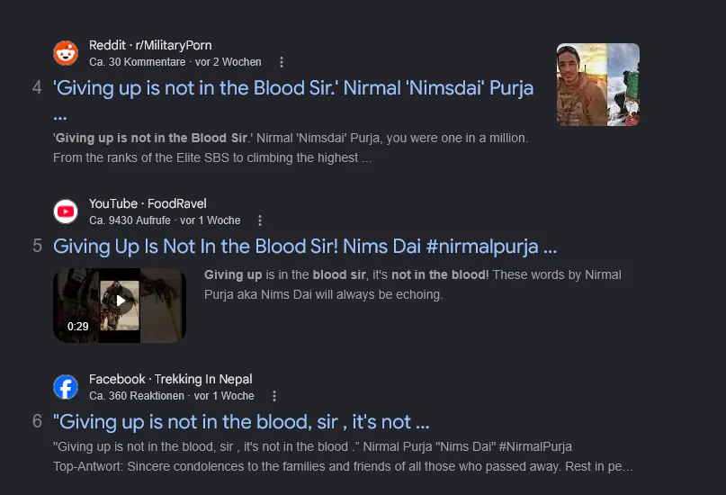 Google results for the exact-phrase search: Reddit, YouTube and Facebook posts all quoting "Giving up is not in the blood sir" and all naming Nirmal "Nimsdai" Purja