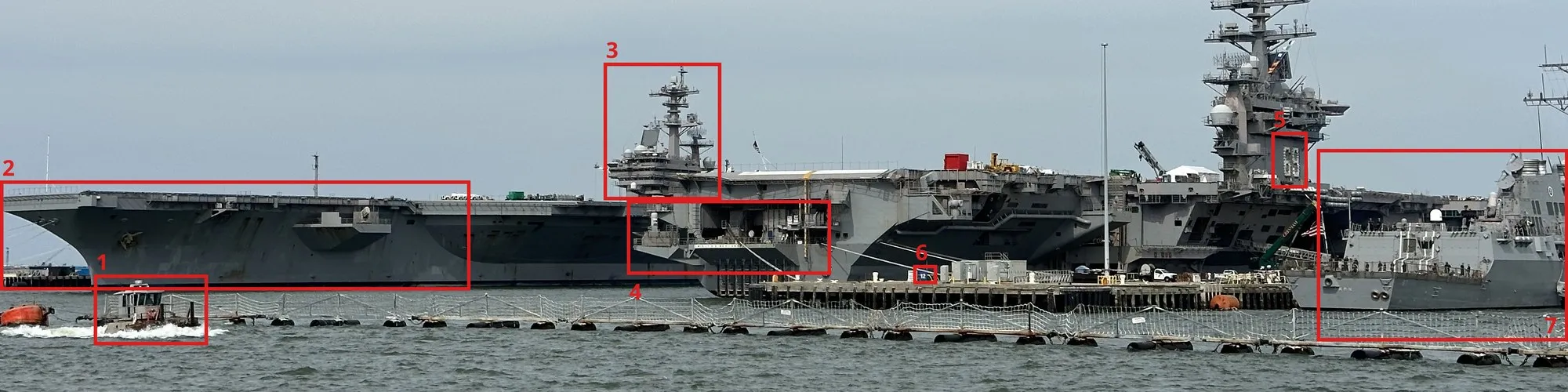 A strip from the challenge photo with seven numbered red boxes: 1 the tug, 2 the left carrier's hull, 3 an island behind the middle of the image, 4 a carrier stern with hangar openings, 5 the hull number on the right carrier's island, 6 a small sign on the pier, 7 the destroyer at the right edge